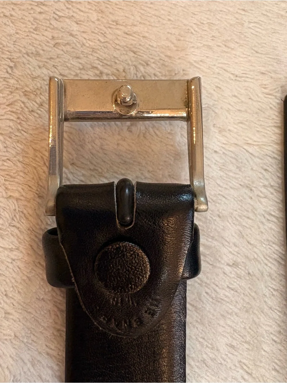 Men's Slim Black French Leather Belt Rectangular Silver Buckle Sz 44